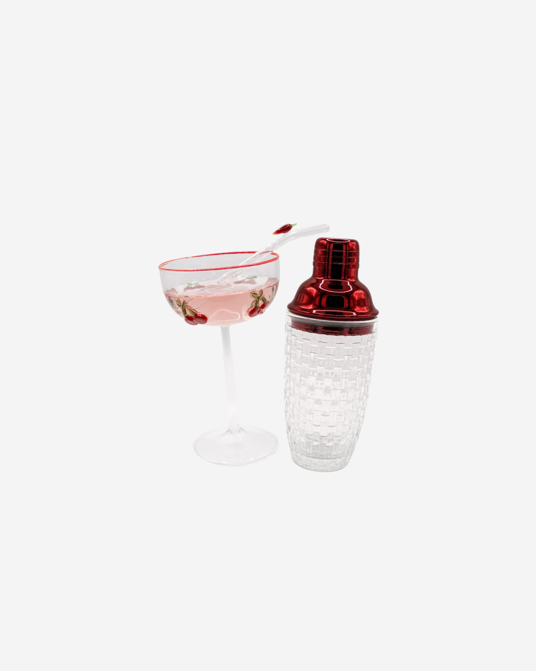 The Cherry Set & Shaker: two cherry coupe glasses with the Lumeverre cocktail shaker
