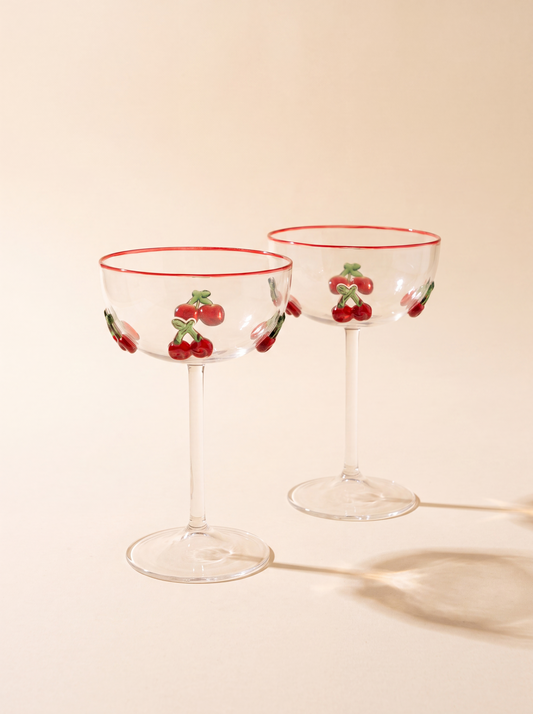 Lumeverre Cherry Cocktail Glass set of two with handmade cherry charms and red rim