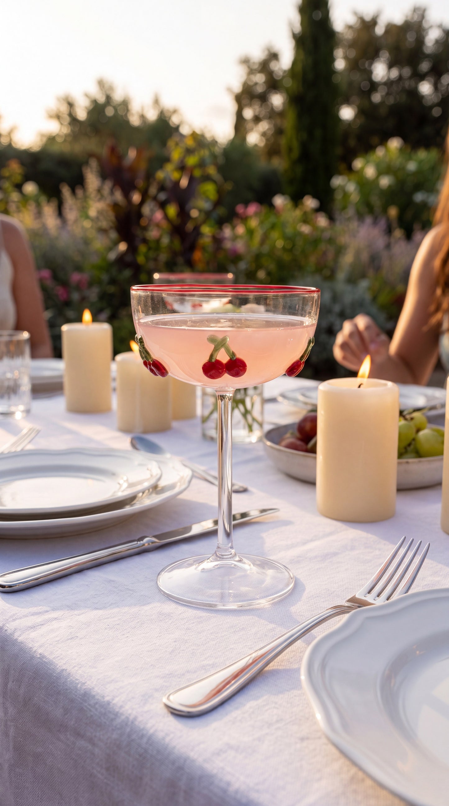 Cherry cocktail glass with a pink cocktail at a garden dinner party