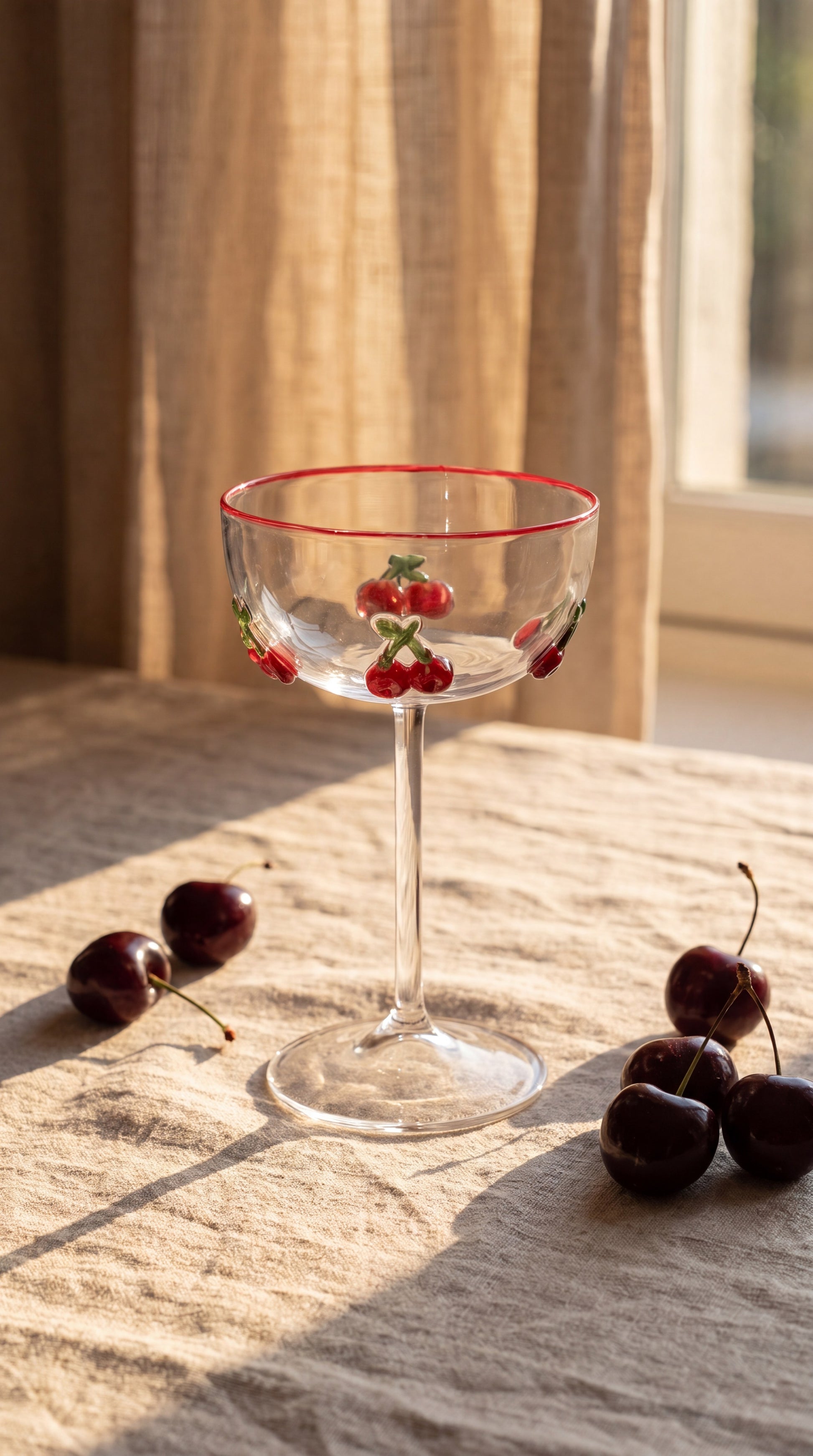 Cherry cocktail glass close-up on linen in warm afternoon light